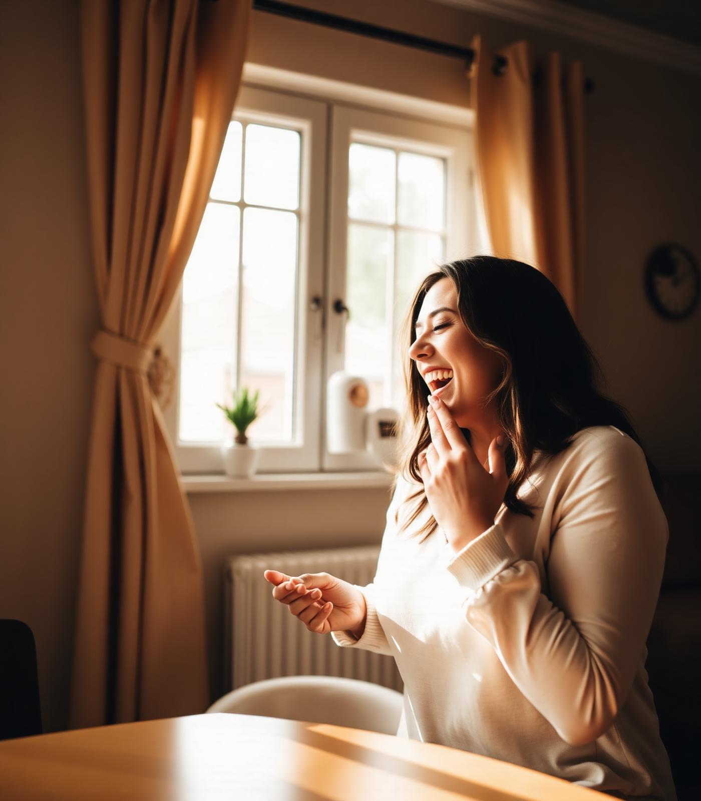 A mother laughing candidly in warm window light